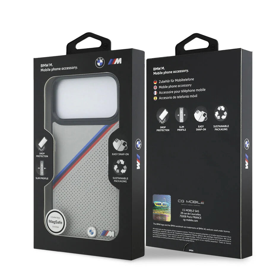BMW iPhone 17 Pro Max Backcover Hoesje – MagSafe PU Leather Case met Tricolor Slanted Stripes & Metalen BMW Logo’s – Premium Luxe Bescherming Grijs
