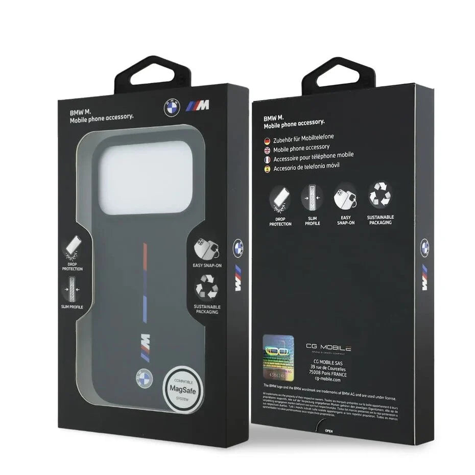 BMW iPhone 17 Pro Max Backcover Hoesje – MagSafe Compatible Liquid Silicone Case met Printed Tricolor Design & Metal Logo – Luxe Bescherming – Zwart