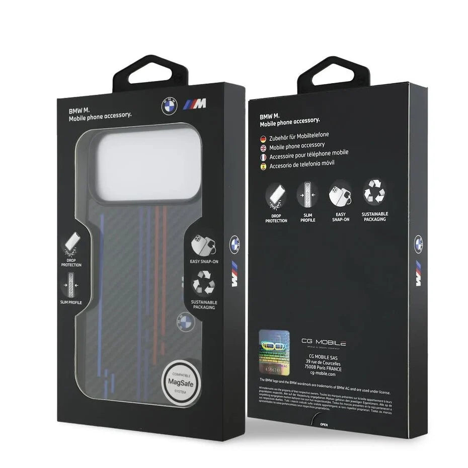 BMW iPhone 17 Pro Max Backcover Hoesje – Ultra Slim MagSafe Kevlar Case met Printed Tricolor Striping & Metalen BMW Logo – Shockproof Bescherming