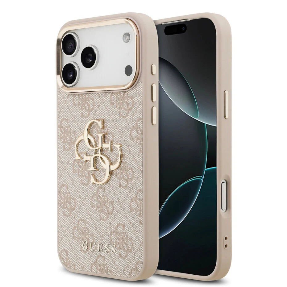 Guess iPhone 17 Pro Max Backcover Hoesje Bruin – Luxe 4G Big Metal Logo Design met Gouden Rand – Shockproof Bescherming & Premium Afwerking