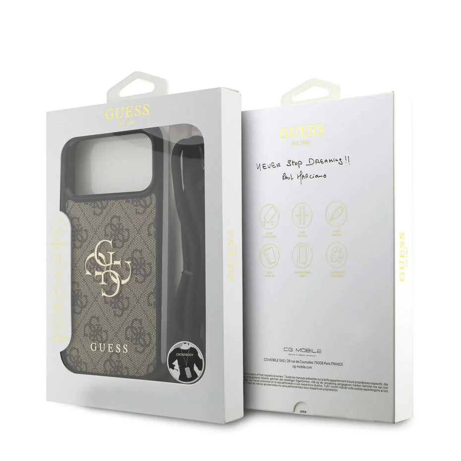 Guess iPhone 17 Pro Max Backcover Hoesje – Luxe Crossbody Case met 4G Big Logo, Verstelbare Cord Strap & Premium Bescherming Bruin