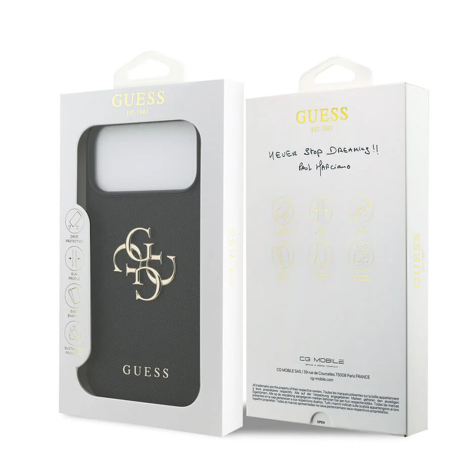 Guess iPhone 17 Pro Max Backcover Hoesje – Grained Leather Look met Big 4G Logo – Luxe Bescherming & Perfecte Pasvorm