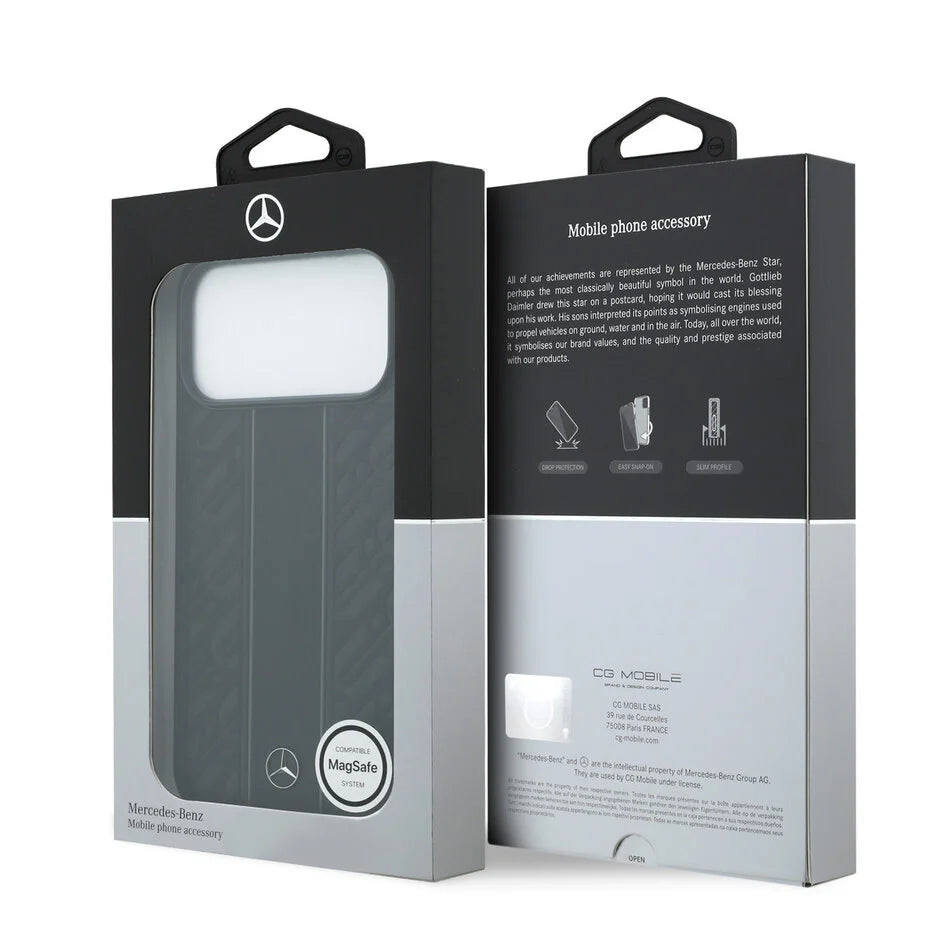 Mercedes-Benz iPhone 17 Pro Max Backcover Hoesje – Premium Genuine Leather – MagSafe Compatible – Laurel Leaves & Stripes Design – Zwart