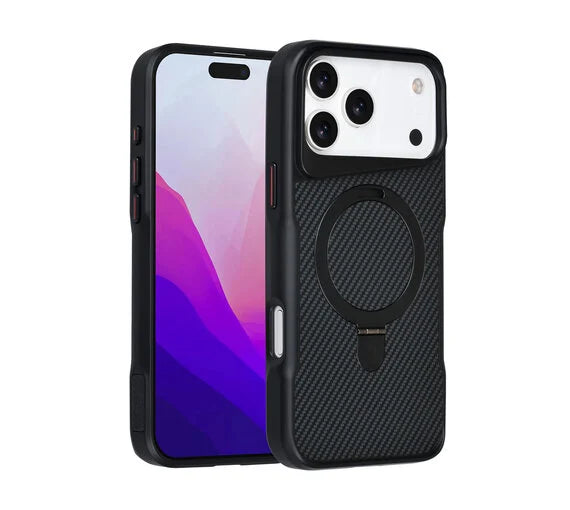 Nekit iPhone 17 Pro Max Backcover Hoesje – MagSafe Compatible – Premium Carbon Fiber Shockproof Case Met 360° Ring Stand Grijs